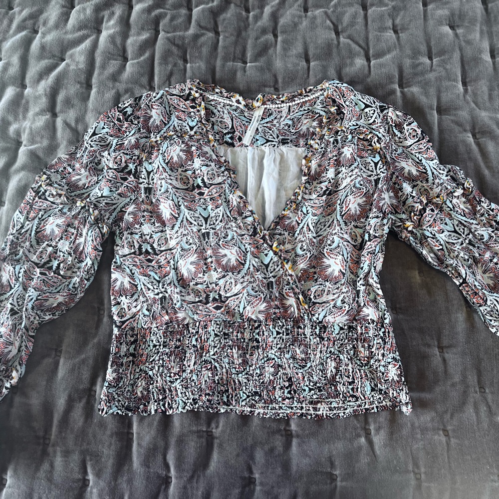 Anthropologie Black and White Smocked Wrap Blouse